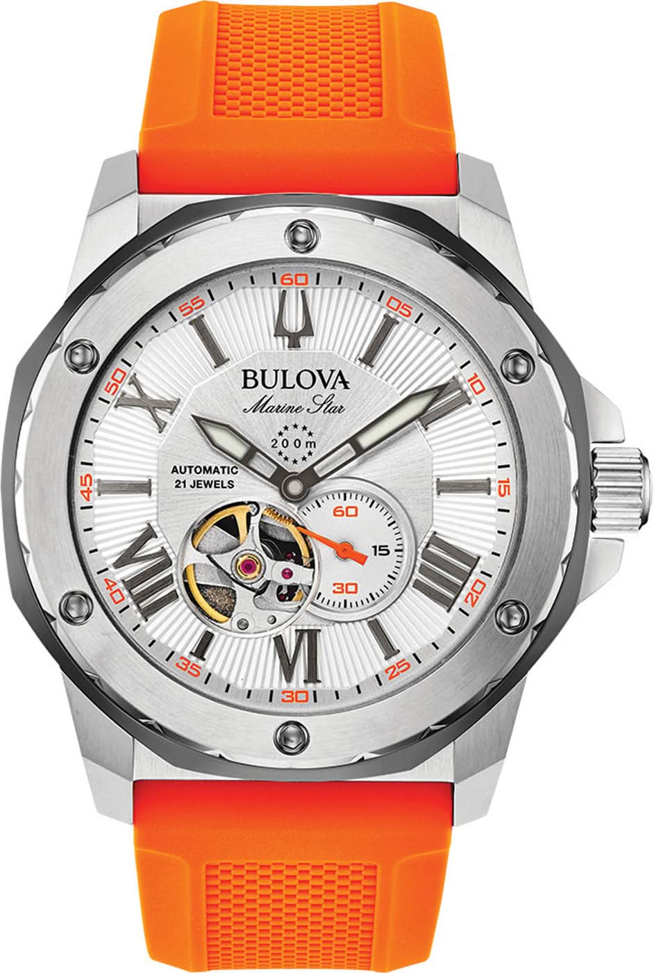 Reloj Bulova Marine Star para hombre con correa de silicona naranja y esfera blanca