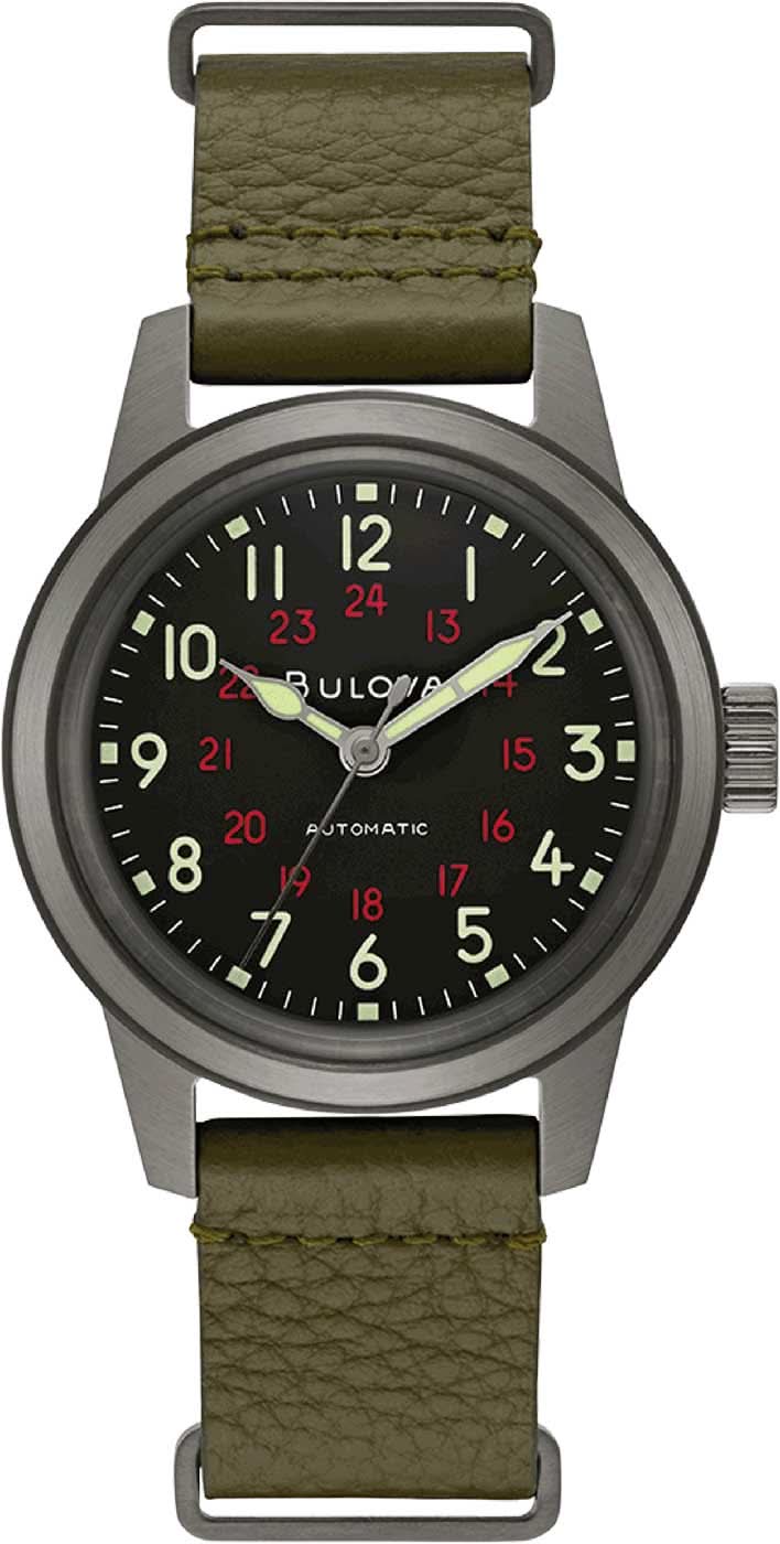 Reloj de hombre con esfera negra, correa de cuero verde oliva y caja de acero