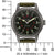 Reloj de hombre con esfera negra, marcadores multicolores y correa de cuero verde oliva