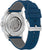 Reloj de hombre con movimiento visible, caja plateada, correa azul