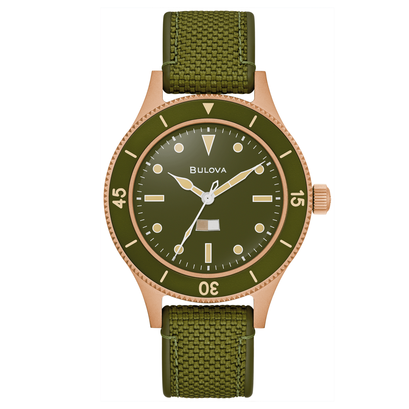 Pulsera de hombre con esfera verde, bisel de oro rosa y correa textil verde