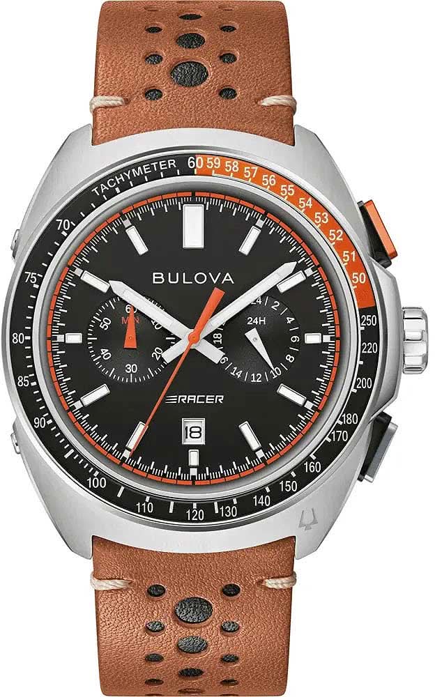 Reloj de hombre con correa de cuero marrón, esfera negra y cronógrafo