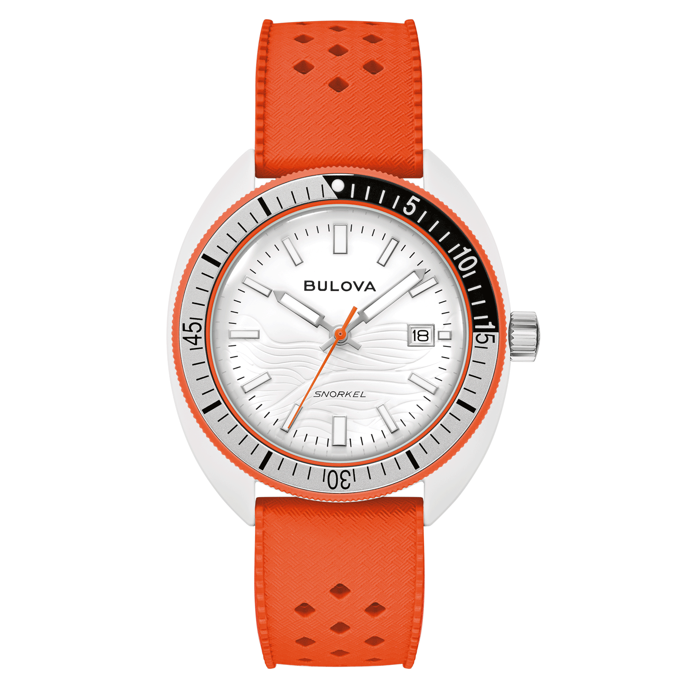 Reloj Bulova para hombre con esfera blanca, bisel naranja y correa de cerámica híbrida