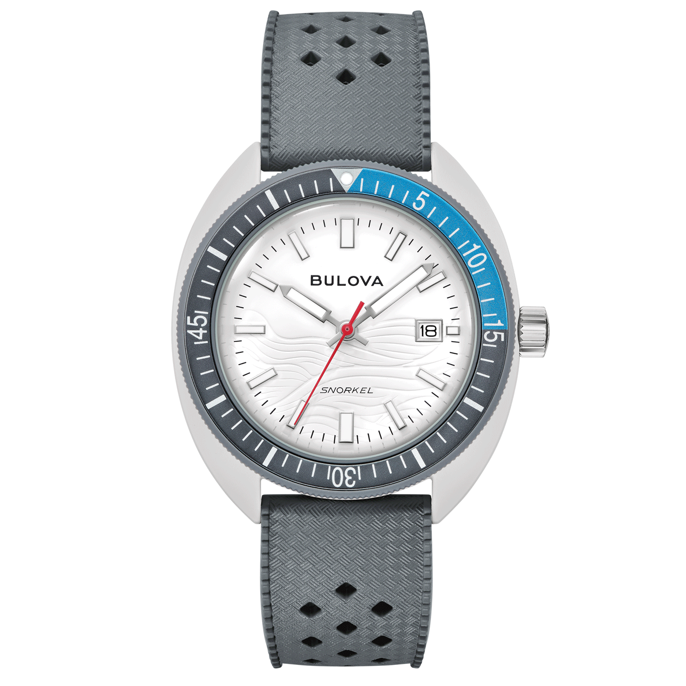 Reloj Bulova para hombre con esfera blanca, bisel azul y correa gris
