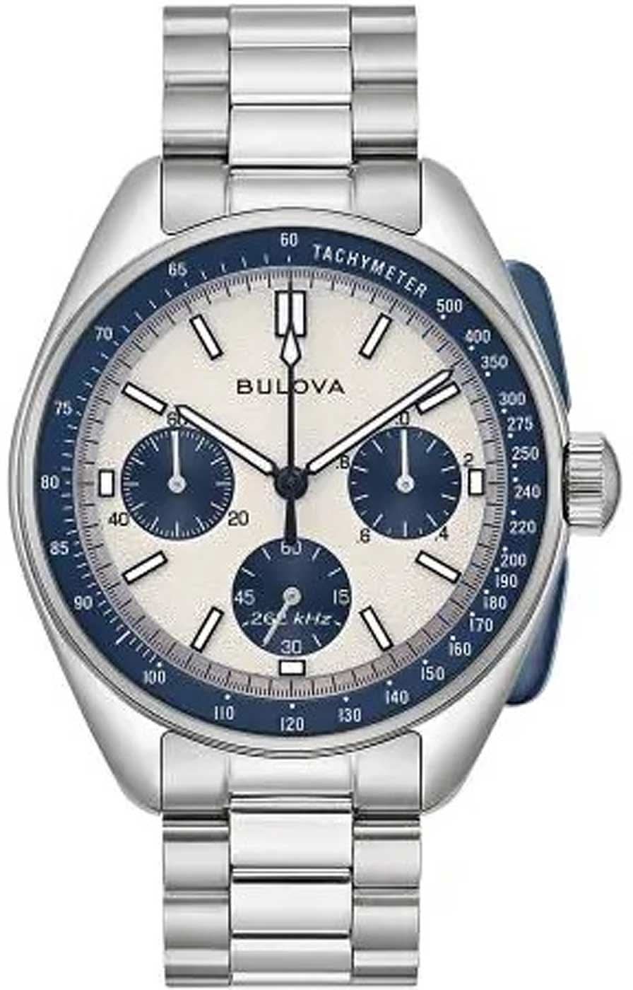 Pulsera de hombre con correa de acero inoxidable plateado, esfera azul y blanca y cronógrafo