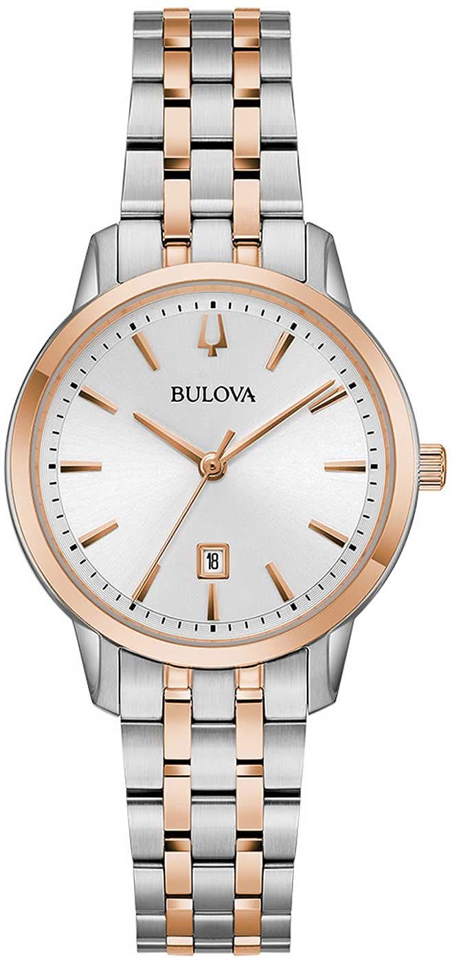 Reloj Bulova para mujer: esfera blanca, correa bicolor de acero inoxidable, bisel redondo