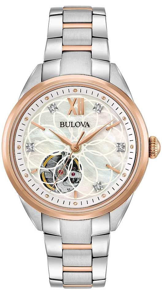 "Reloj de mujer con pulsera de acero inoxidable plateado, bisel en oro rosa y esfera abierta"