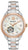 "Reloj de mujer con pulsera de acero inoxidable plateado, bisel en oro rosa y esfera abierta"