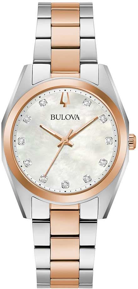 Reloj Bulova para mujer con esfera de nácar, índices de diamantes y correa bicolor de acero inoxidable