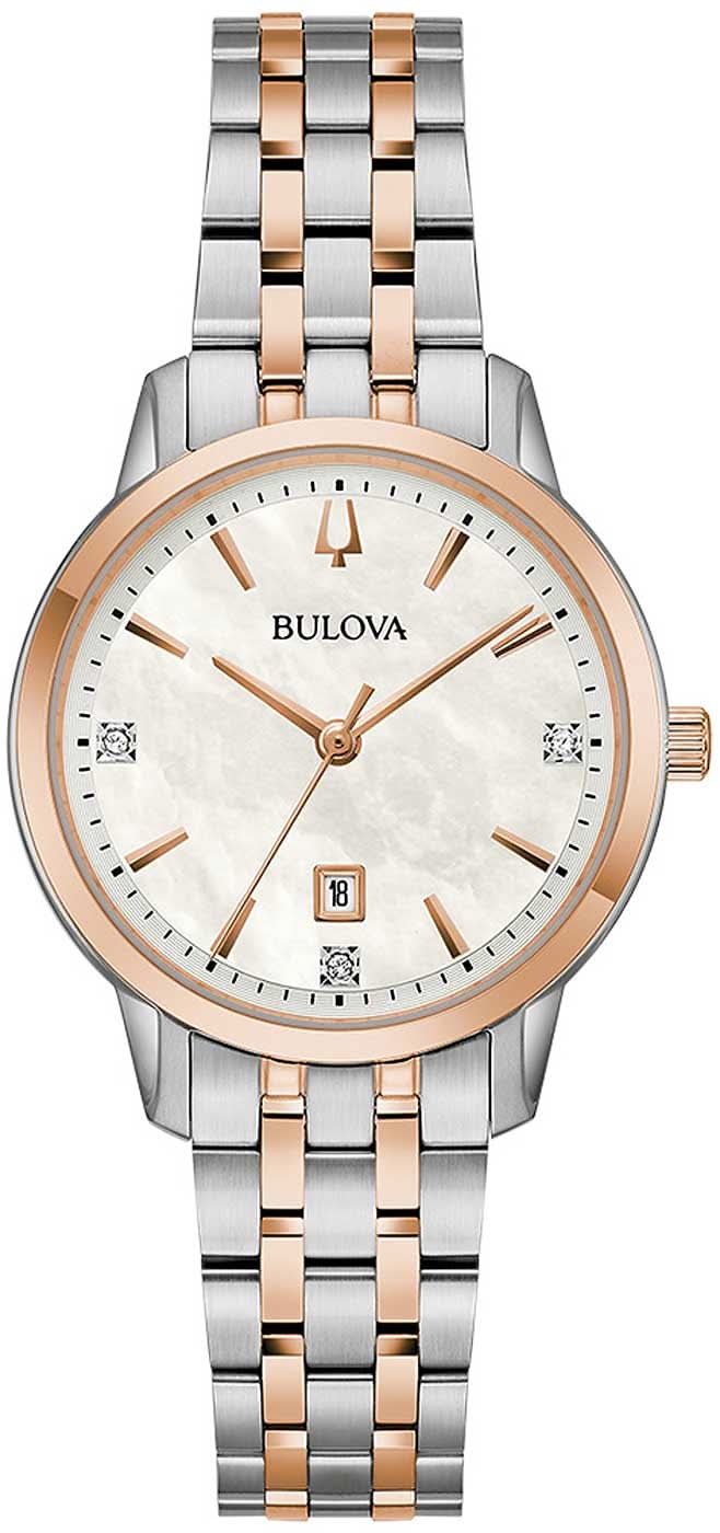 "Reloj de mujer con esfera de nácar, índices de diamantes y correa de metal bicolor"