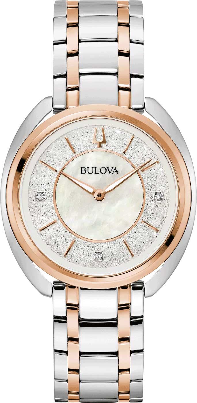 Reloj Bulova para mujer: esfera de nácar, bisel en tono oro rosa, 3 marcadores de diamantes