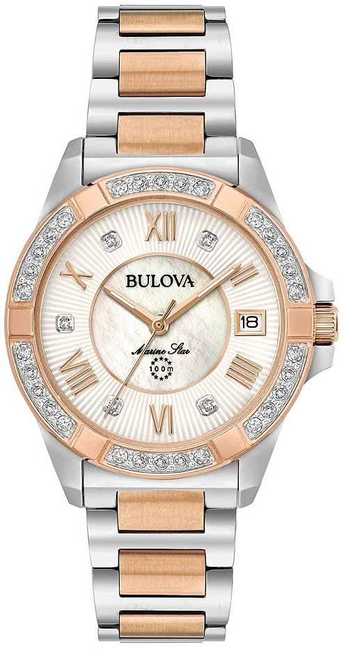 "Reloj de mujer con esfera de nácar, números romanos, fecha 18 y bisel de diamantes"