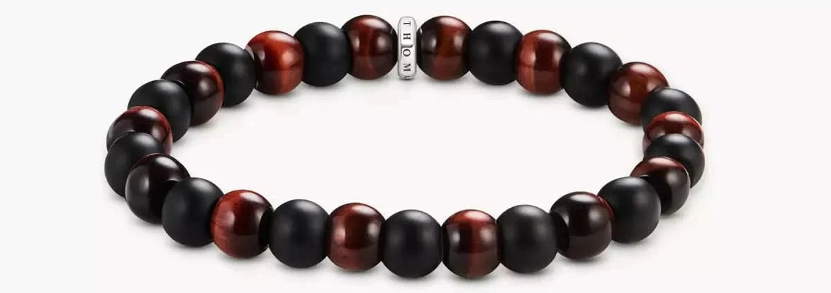 Pulsera para hombre con cuentas negras y marrón rojizo, cuenta metálica redonda