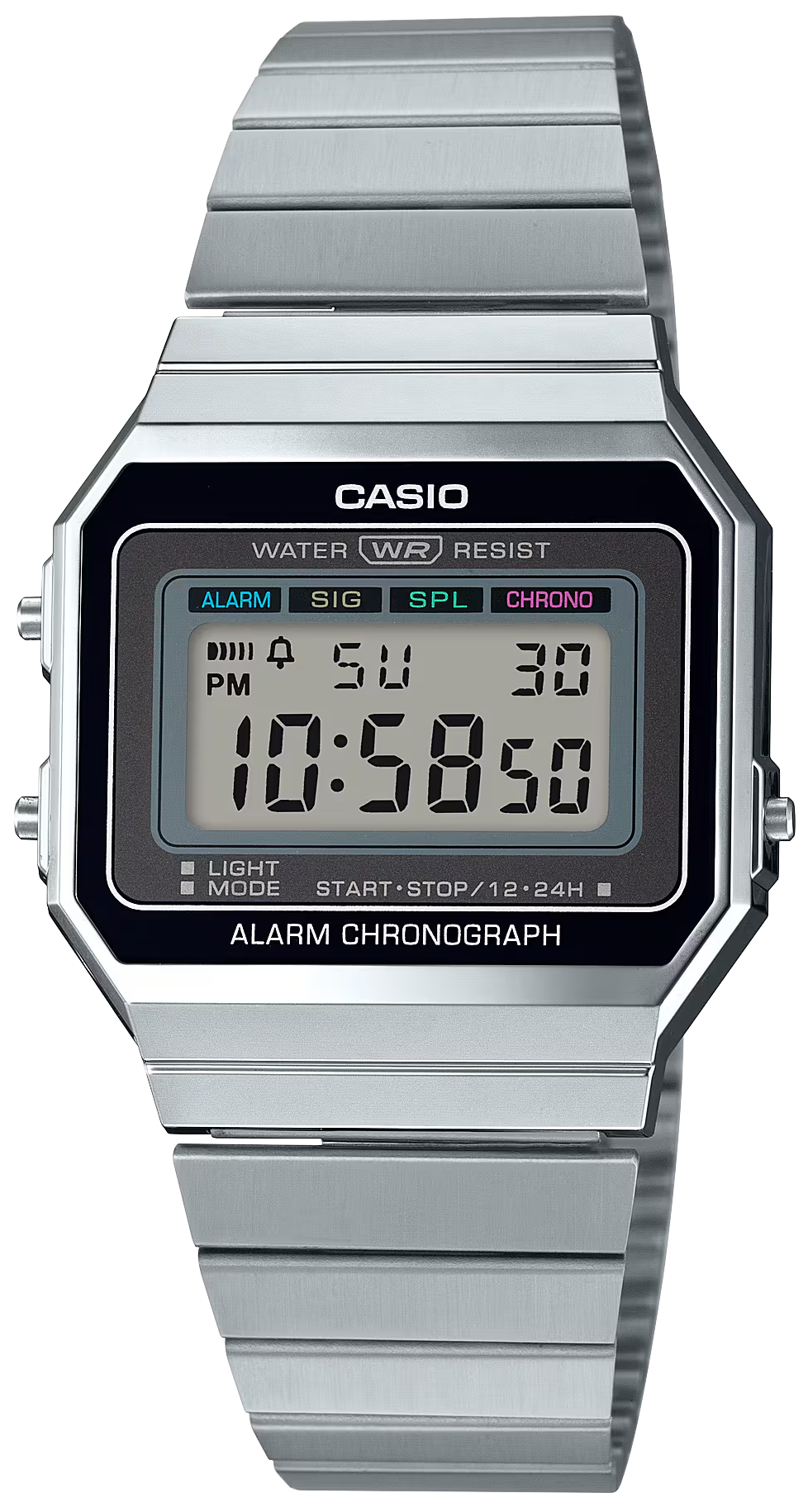 Casio Vintage reloj con correa de malla metálica, caja plateada y pantalla digital