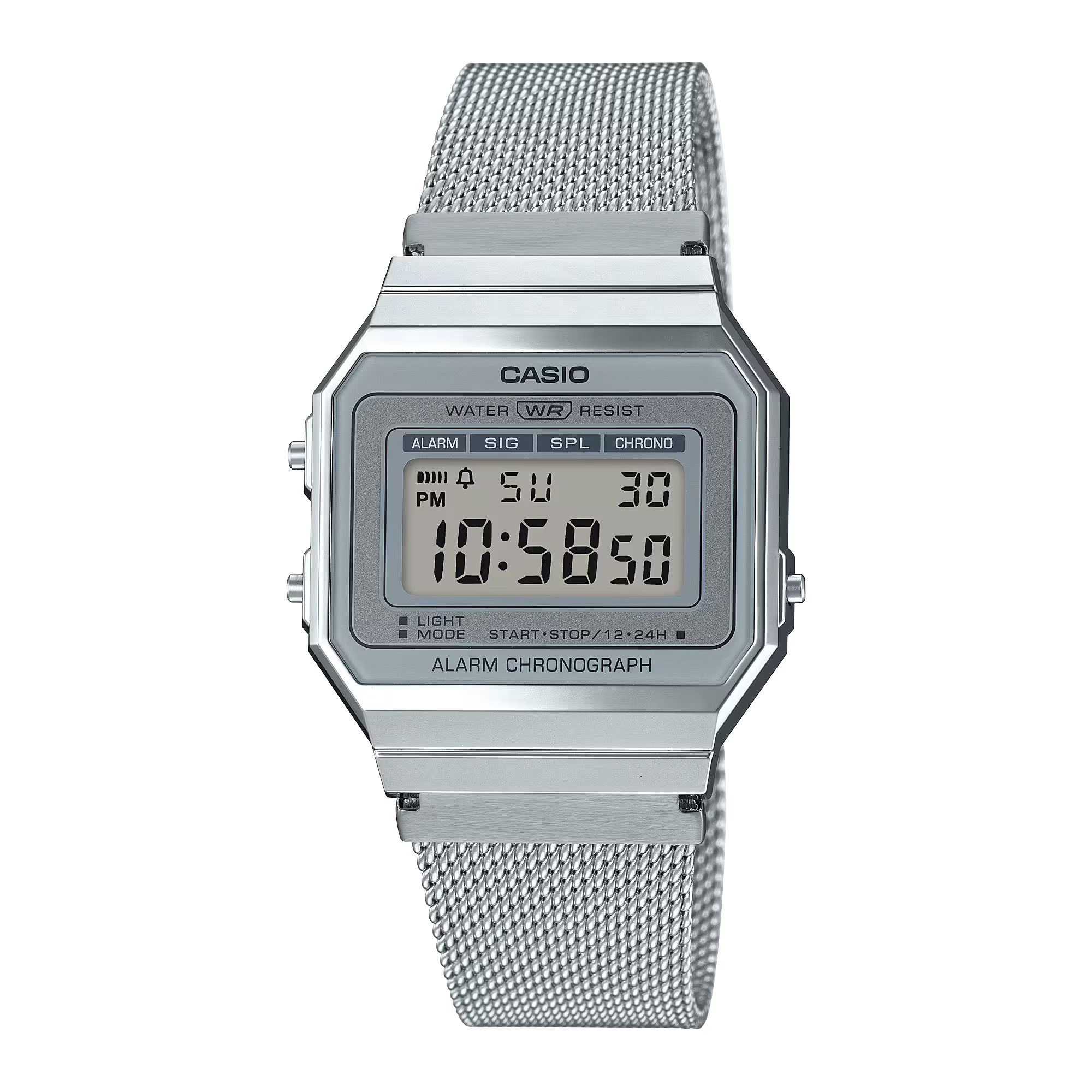 Casio Vintage-klocka med silverfärgat metallarmband och digital LCD-display