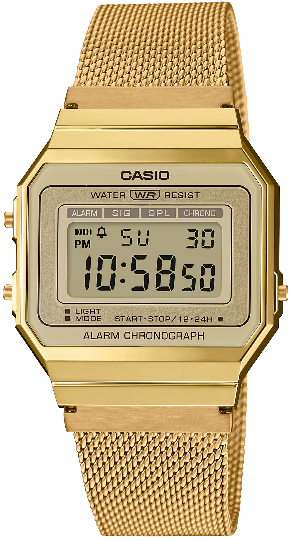 Reloj digital Casio para mujer en tono dorado con correa de malla de acero inoxidable y pantalla octogonal