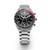 Reloj de hombre con correa de acero inoxidable plateado, esfera negra de cronógrafo y marcadores rojos