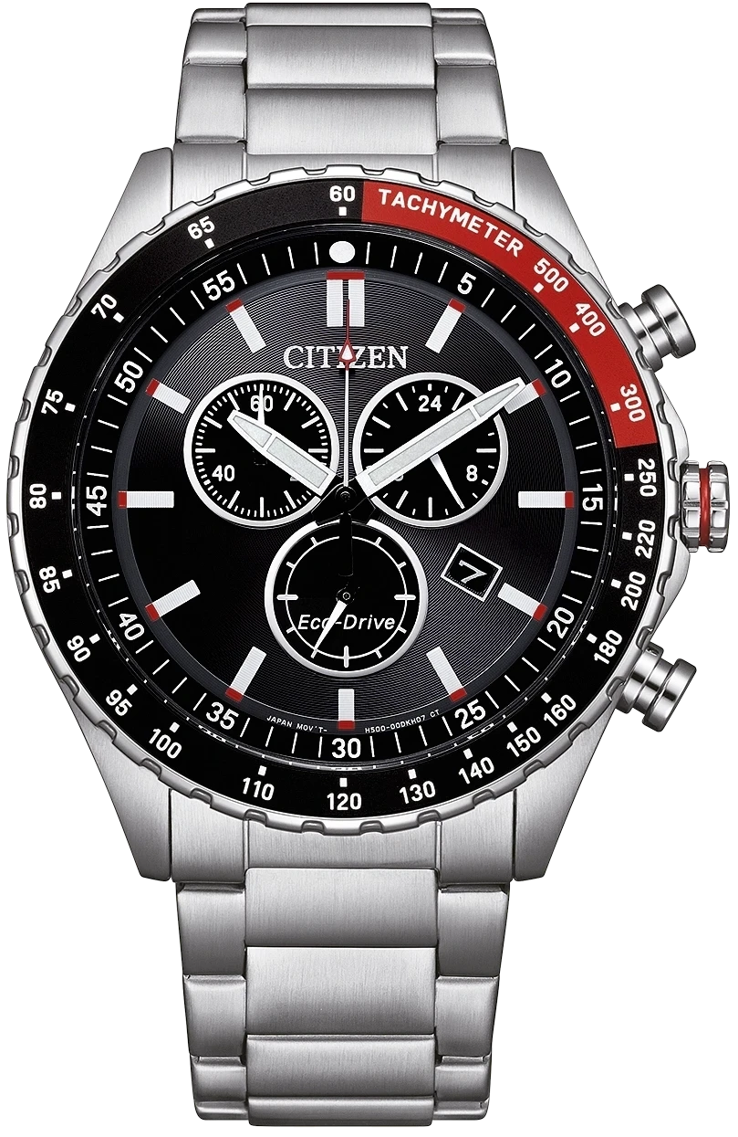Reloj de hombre con correa de acero inoxidable plateado, esfera negra y bisel taquímetro