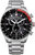 Reloj de hombre con correa de acero inoxidable plateado, esfera negra y bisel taquímetro