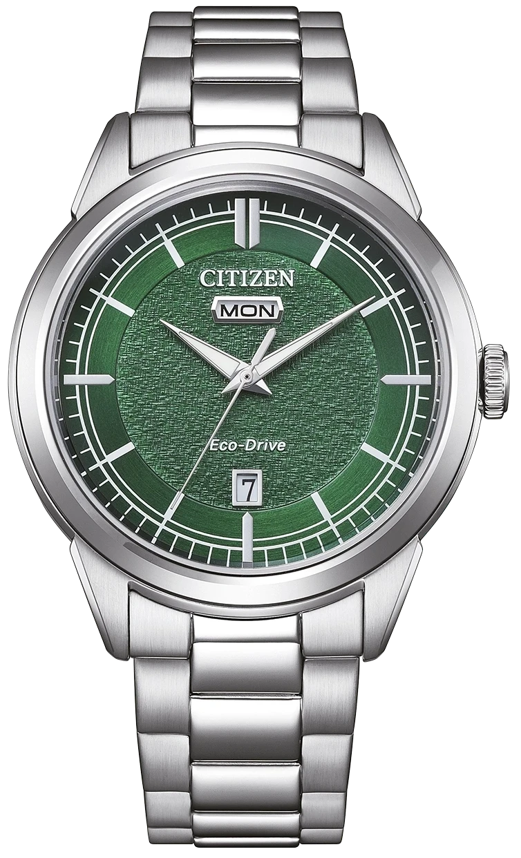 Reloj Citizen Eco-Drive para hombre con esfera verde, pulsera y agujas de metal plateado.