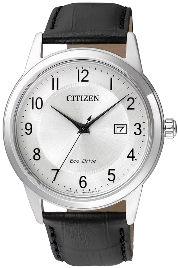 Citizen Eco-Drive Herrenuhr mit silbernem Zifferblatt und schwarzem Lederarmband, rund