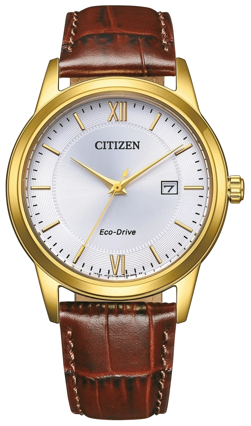 Reloj Citizen para hombre con caja dorada y correa de cuero marrón, esfera blanca