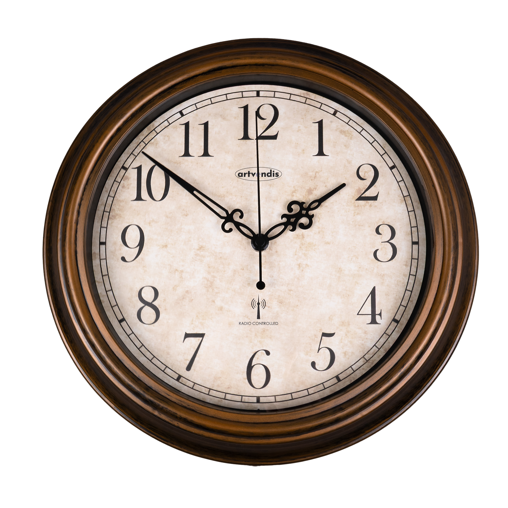 Reloj de jardín con marco redondo marrón, esfera beige, manecillas y números negros
