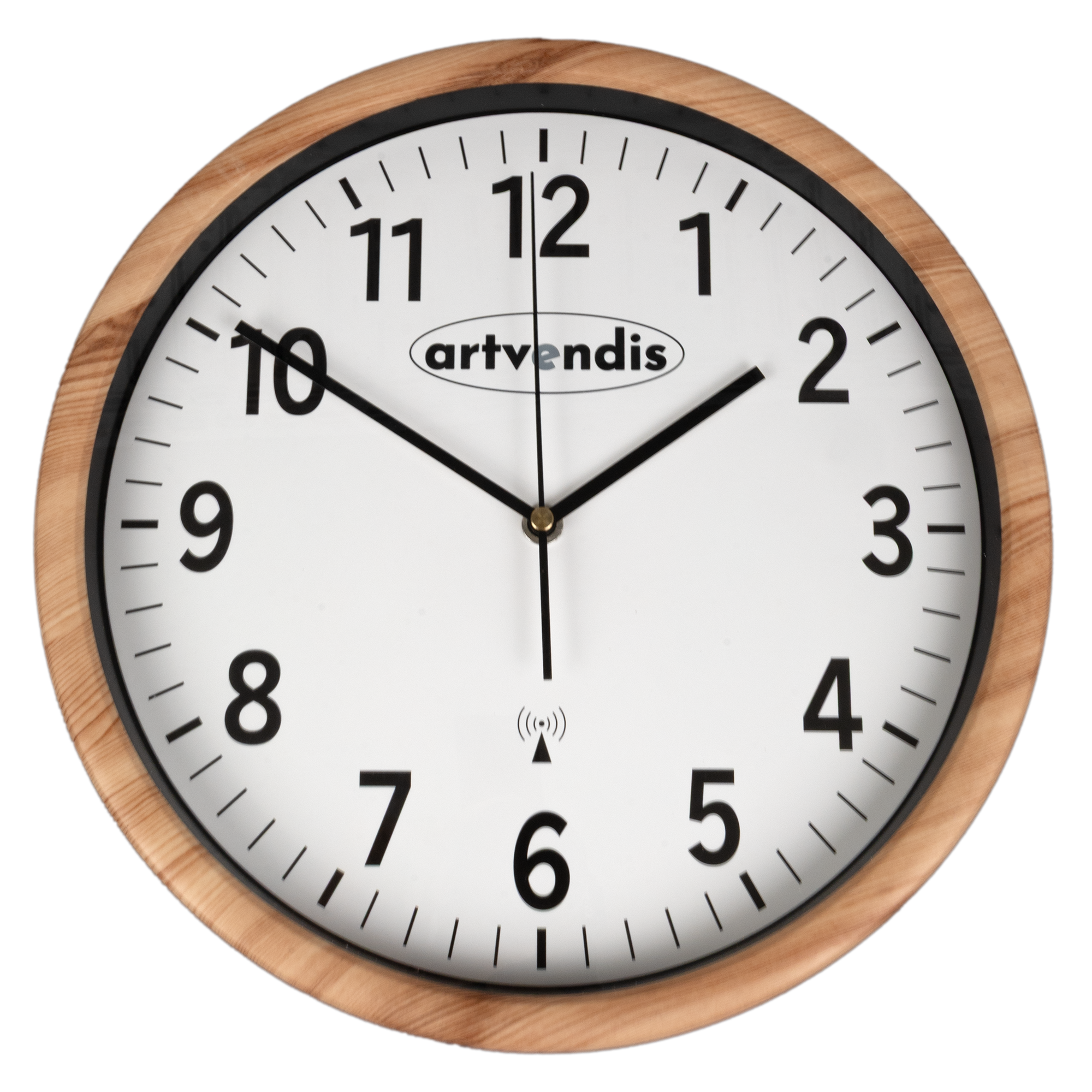 Reloj de pared con borde de madera, marco negro y esfera blanca, artvendis