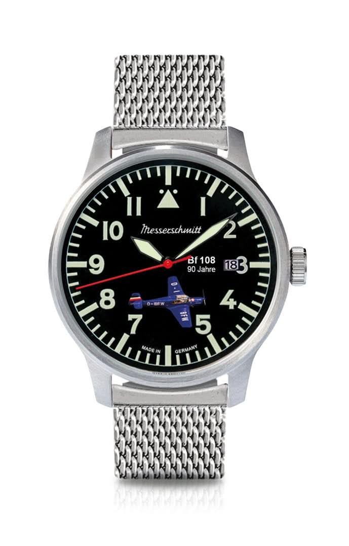 Reloj Messerschmitt para hombre con correa de eslabones de acero, caja redonda y esfera negra