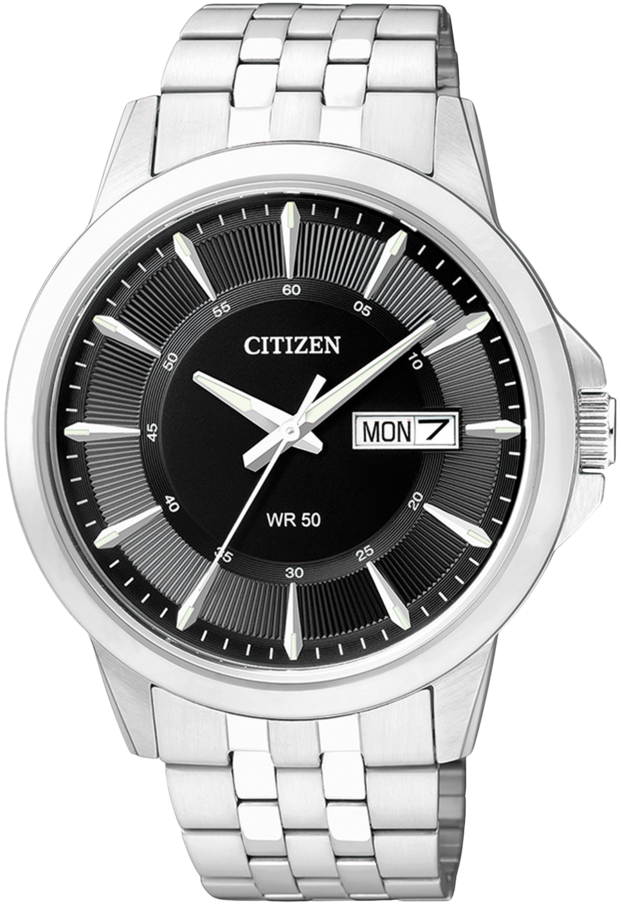 Pulsera de acero inoxidable para hombre Citizen, esfera negra, día-fecha "LUN"