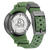 Vista trasera de reloj de hombre con tapa de caja plateada y correa de caucho verde