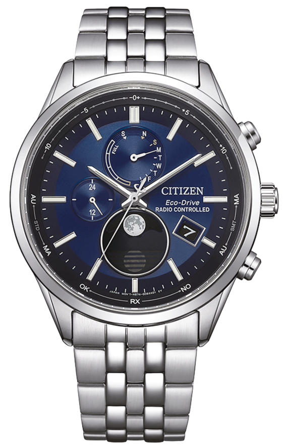 Reloj Citizen con fase lunar, esfera azul, correa de metal plateado