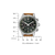Reloj cronógrafo con esfera negra, correa de cuero marrón y caja plateada