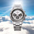 Pulsera de acero inoxidable plateado para hombre, bisel negro y esfera blanca de cronógrafo
