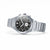 Reloj de hombre con pulsera de metal plateado y esfera negra, vista lateral