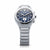 Vista frontal del reloj para hombre con esfera azul, subesferas de cronógrafo y correa de titanio.