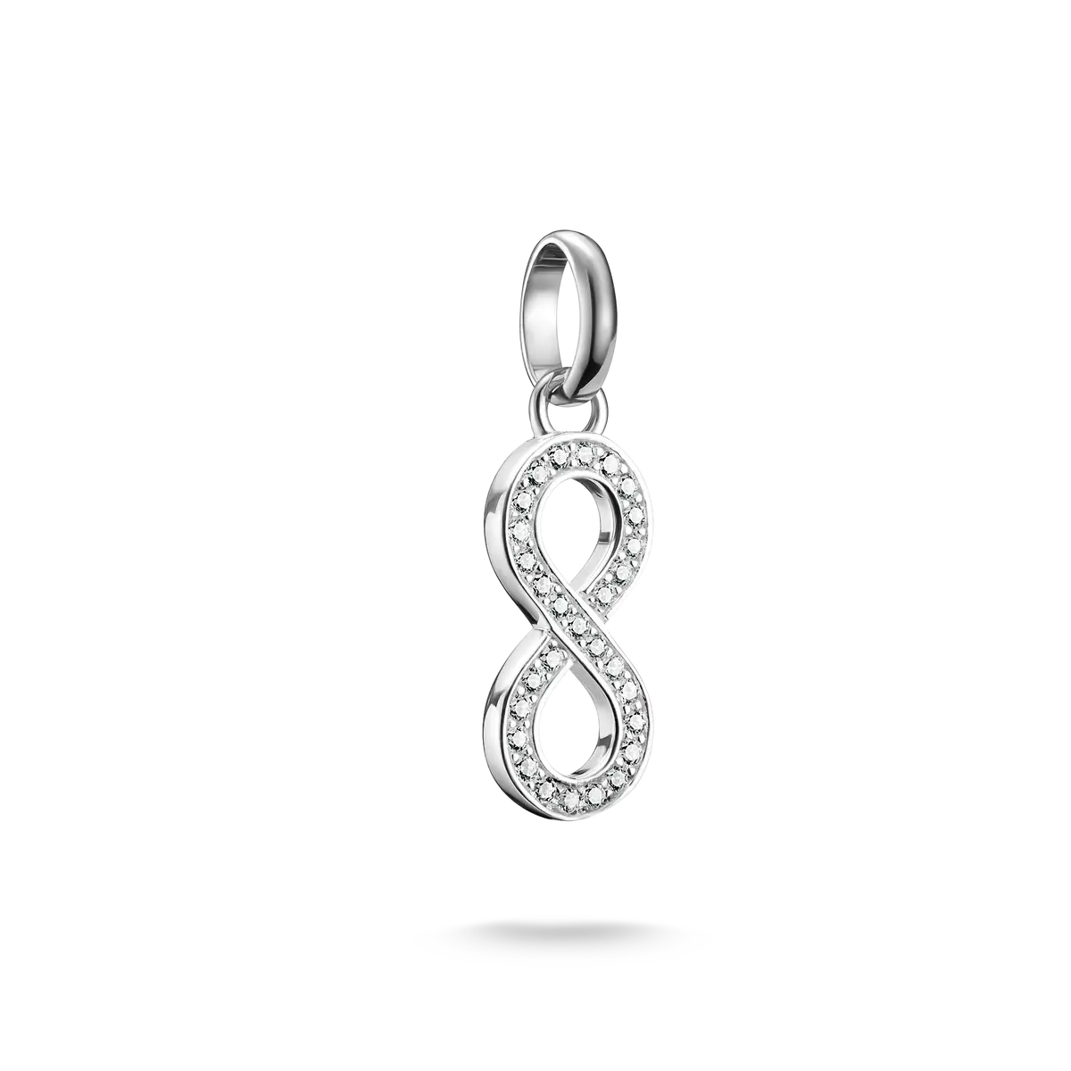 Colgante Charm de plata con símbolo de infinito, rodeado de piedras blancas.