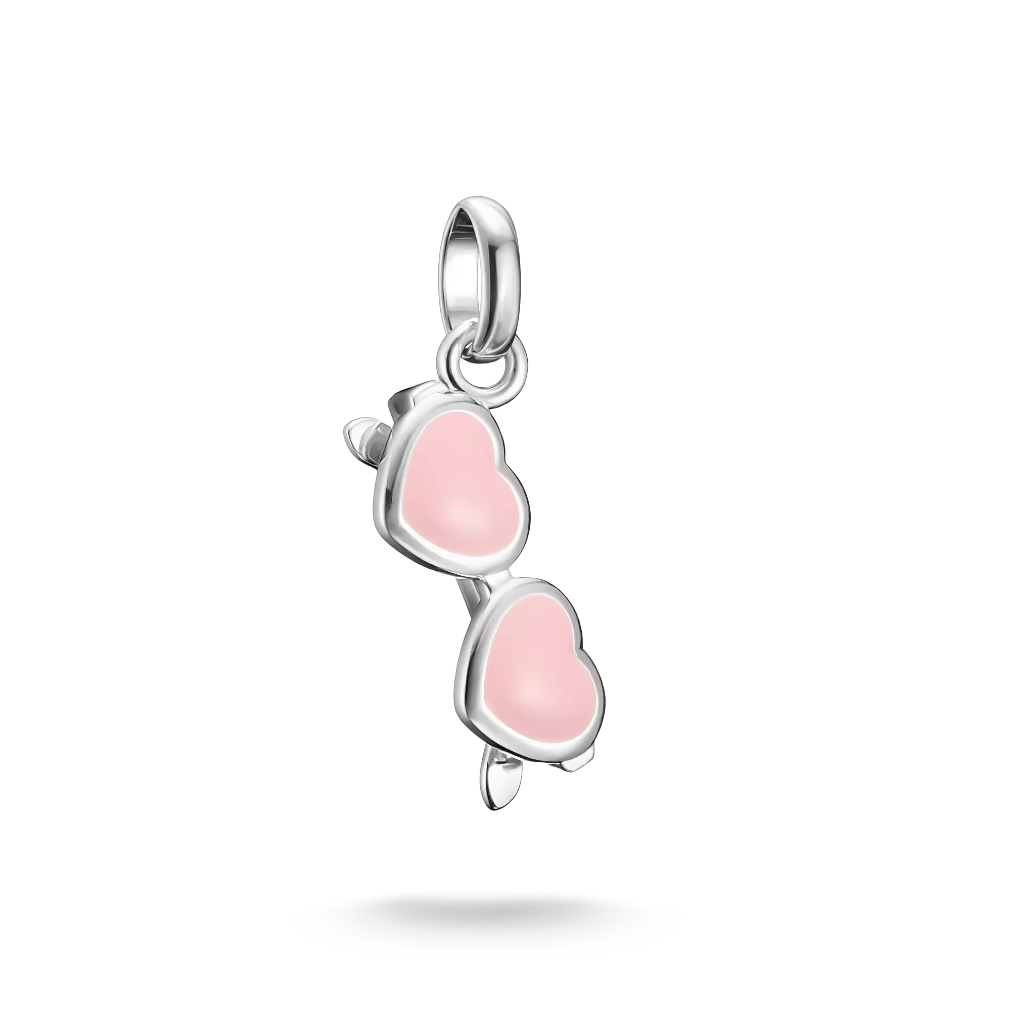 Colgante de charm plateado con dos corazones rosas, ojal arriba
