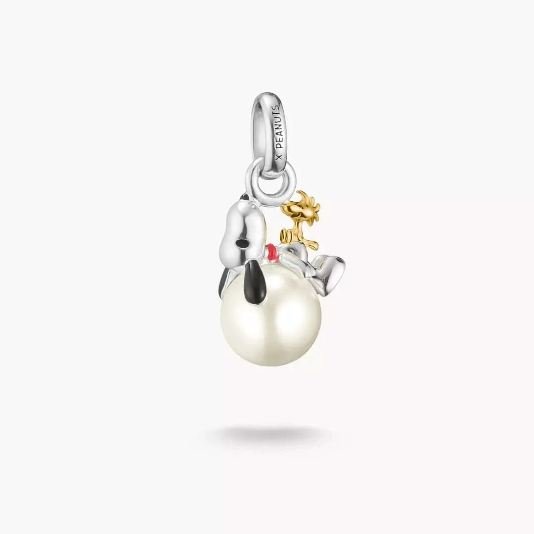 Colgante Charm con perla, plateado, motivo Snoopy y Woodstock