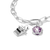 Charm de plata en cadena: máquina de escribir con circonita y placa de corazón lila.