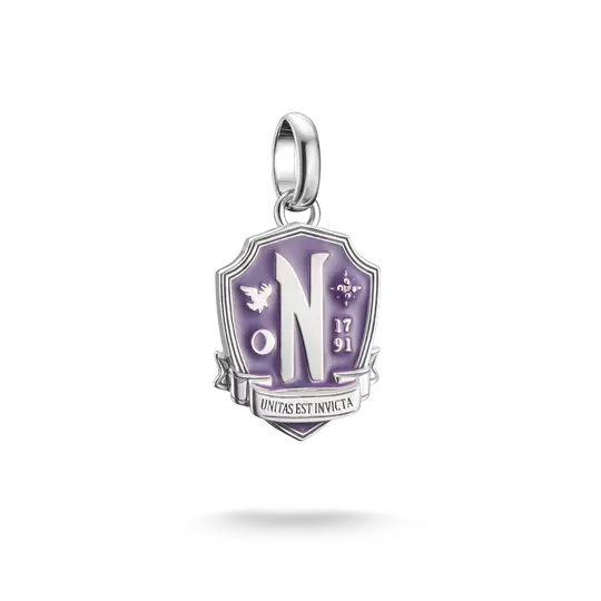 Colgante Charm de plata con escudo morado, letra "N" y 17/91
