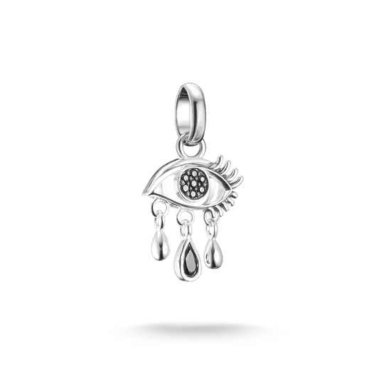 Colgante tipo charm plateado con piedra de lágrima negra y circonita