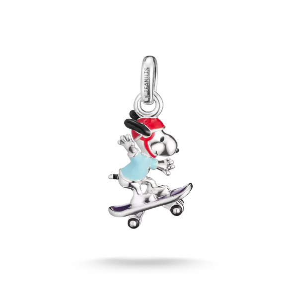 Colgante de plata de ley 925 con Snoopy en monopatín, esmaltado en rojo/azul
