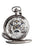 Reloj de bolsillo plateado con esfera esqueletizada, acento azul y números romanos
