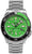 Reloj de hombre con correa de metal plateado, esfera verde y bisel negro