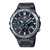 Schwarze Armbanduhr mit Metallarmband, Tough-Solar- und Bluetooth-Infos auf dunklem Zifferblatt