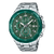 Edifice Herrenuhr mit Chronograph, grünem Lünette-Detail und Edelstahlarmband.