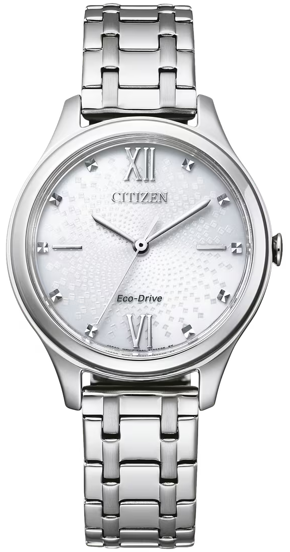 Citizen Damenuhr EM0500-73A mit Edelstahlarmband, silbernem Zifferblatt, römischen Ziffern, Eco-Drive