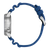 Pulsera de reloj de lado: correa de silicona azul, caja de acero inoxidable con corona