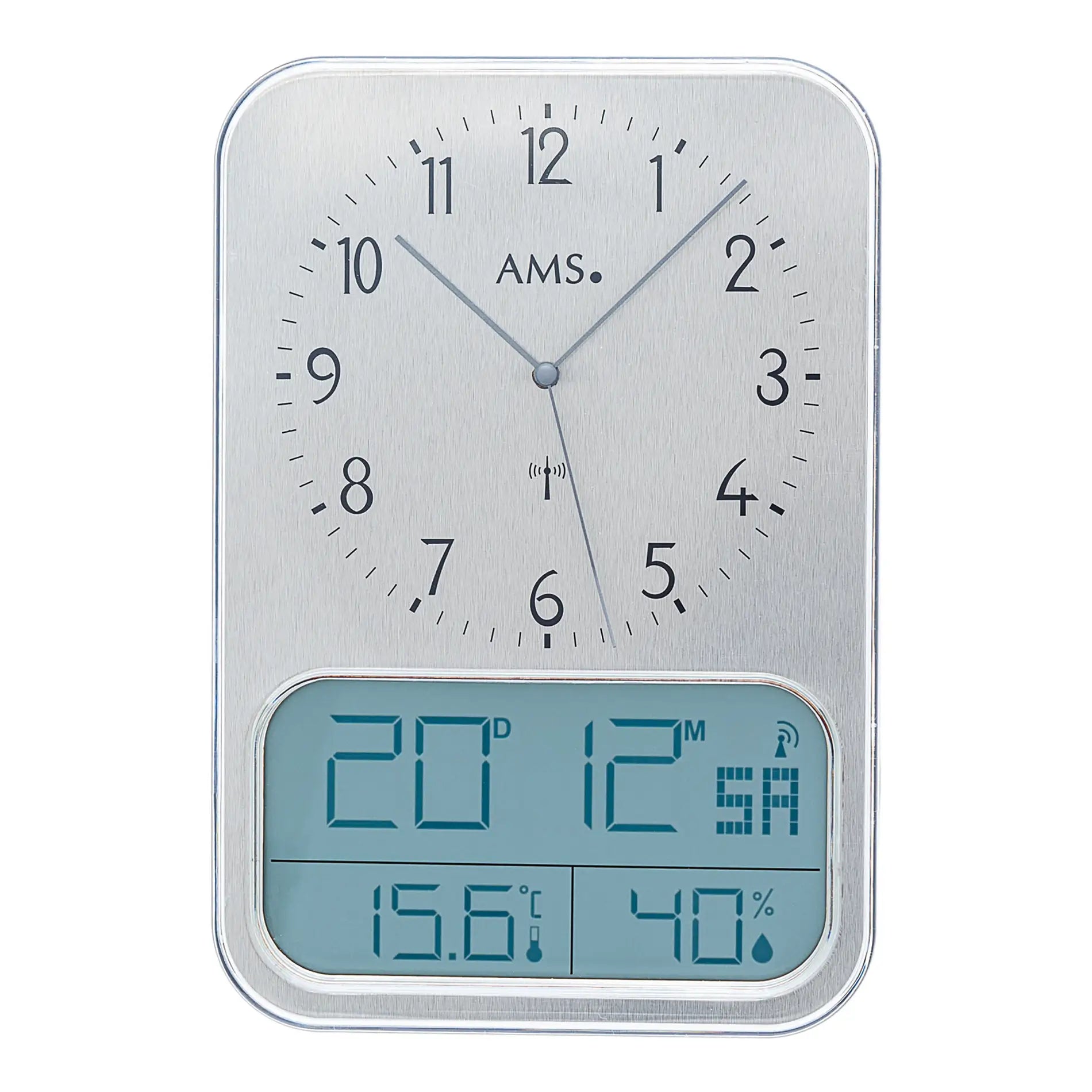 Reloj de pared con esfera analógica y pantalla digital de temperatura y humedad